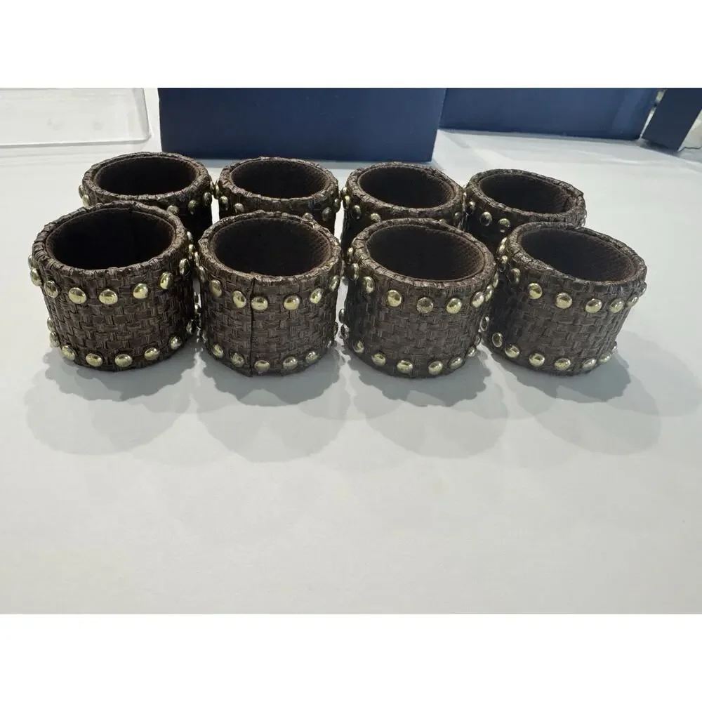 8 Happy Chic by Jonathan Adler Napkin Rings Brown Woven Gold Studs